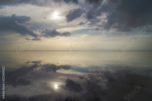 World of reflections. Salt lake Elton. Is 18 m below sea level. Is largest mineral lake in Europe and one of most mineralized in world. Russia, Volgograd Oblast