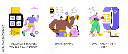 Activity tracking abstract concept vector illustration set. Healthcare trackers wearables and sensors, smart training, smartwatch health care, fitness coaching application, fat loss abstract metaphor. © Vector Juice