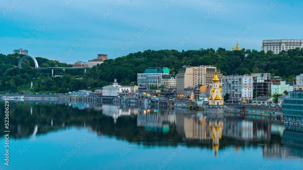 Kyiv/Ukraine, June 4, 2022. Timelapse of Cloudy sunset over Dnieper River from Havanskyi Bridge. Kyiv's Riverport. Ukraine Kyiv/Ukraine, June 4, 2022. Timelapse of Cloudy sunset over Dnieper River from Havanskyi Bridge. Kyiv's Riverport. Ukraine