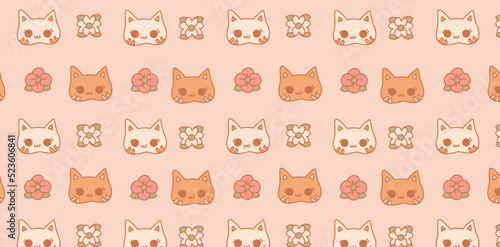 Fototapeta Naklejka Na Ścianę i Meble -  Cute kitten and flower pattern. Seamless pattern of kittens and flowers on pink background. Kawaii neko. Japanese style anime kittens.
