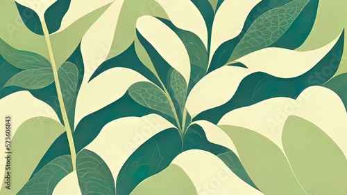 Organic green leaf texture. Abstract pattern of graphic vegetal leaves. Healthy organic, natural feeling. Stylized 4k background, backdrop illustration. Pastel colors.