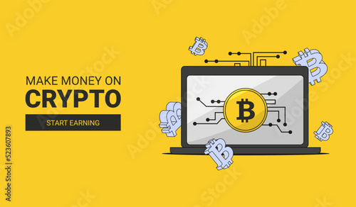 the inscription make money on the crypt and the button start earning on a yellow background a laptop on the display of which is a bitcoin coin with elements of microcircuits floating around volume
