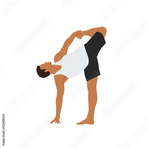 Man doing yoga asana Ardha Chandra Chapasana Sugarcane Pose. Flat vector illustration isolated on white background
