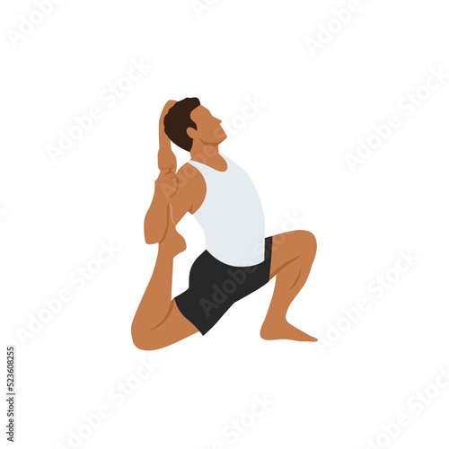 Man doing one Footed King Pigeon Pose, One-legged King Pigeon Pose or Mermaid Pose practice Eka Pada Rajakapotasana. Flat vector illustration isolated on white background