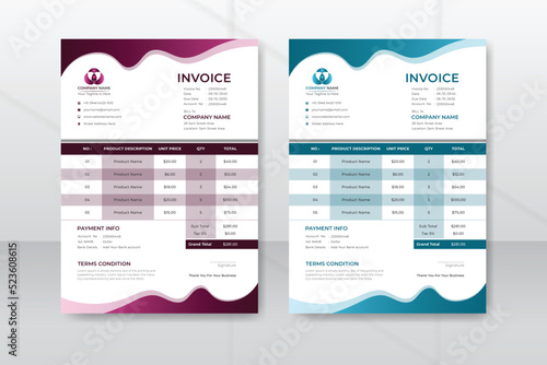 Professional invoice and letterhead design template with A4 size, easy and minimal billing for corporate invoices with 2 color sets