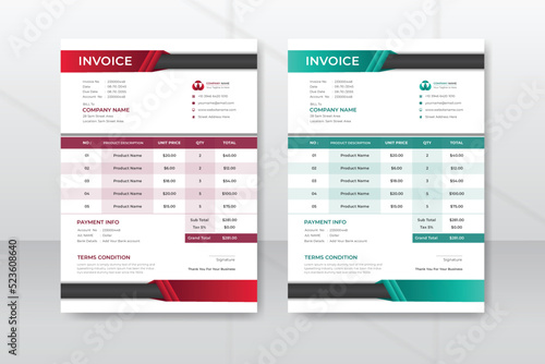 Professional invoice and letterhead design template with A4 size, easy and minimal billing for corporate invoices with 2 color sets