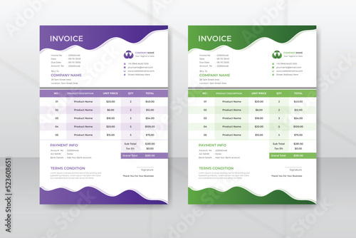 Professional invoice and letterhead design template with A4 size, easy and minimal billing for corporate invoices with 2 color sets