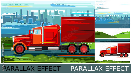 Large cargo truck illustration. Image from layers for overlay with parallax effect. Driving along road past city. Flat style. Transportation of heavy loads by road. Land logistics transport. Vector.