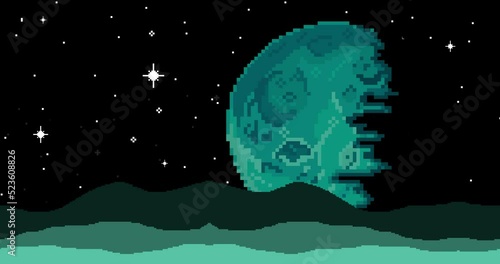 Pixel art space animation. Planet, stars, space. Pixel art 8 bit vector game retro. Blue pixel planet. Seamless animation
