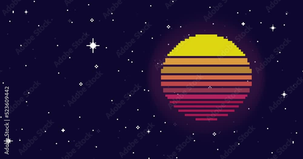 Pixel art space animation. Planet, stars, space. Pixel art 8 bit vector game retro. Retro pixel planet. Seamless animation
Pixel art space animation. Planet, stars, space. Pixel art 8 bit vector game retro. Retro pixel planet. Seamless animation