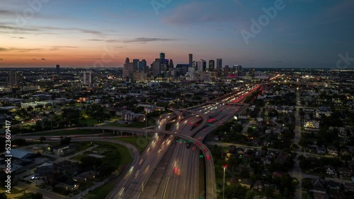 Hyperlapse drone shot in Houston Texas Traffic  , USA - zoom in, Aerial view photo