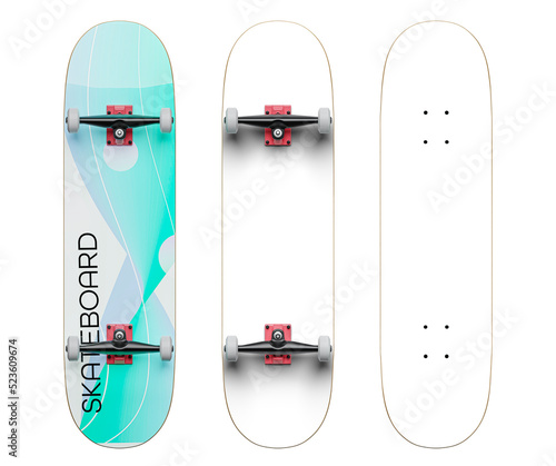 skateboard deck template, empty space for your graphic. Two versions - with trucks and only a board - PNG format - easy replacement of background and deck painting photo