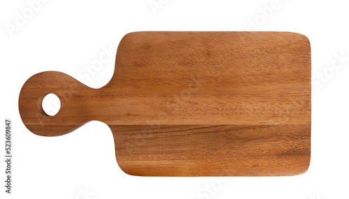 Top view of Brown hardwood cutting board for kitchen accessories square shape with handles and hole for hanging. on a white background.