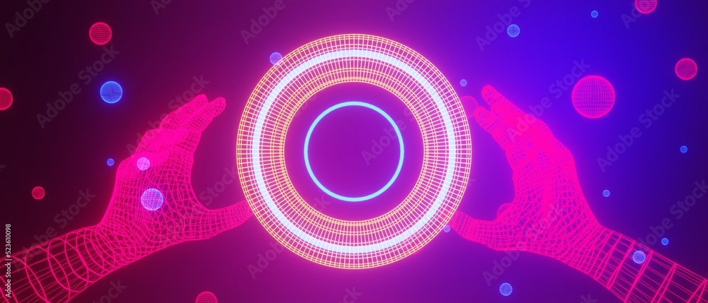 robot hand, abstract backgound video game of esports scifi gaming cyberpunk, vr virtual reality simulation and metaverse, scene stand pedestal stage, 3d illustration rendering, futuristic neon glow robot hand, abstract backgound video game of esports scifi gaming cyberpunk, vr virtual reality simulation and metaverse, scene stand pedestal stage, 3d illustration rendering, futuristic neon glow