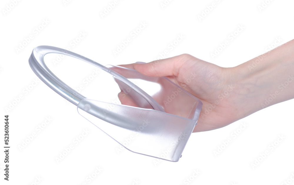 Beauty make up mirror in hand on white background isolation Beauty make up mirror in hand on white background isolation