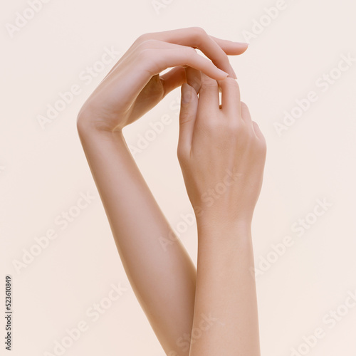 Abstract beautiful woman s hand. Elegant female hands gesture art creative concept banner  3d rendering