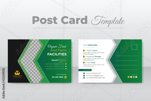 Organic food and farm facilities for postcard design template, modern lawn mower garden, or landscaping service EDDM template with gradient colors