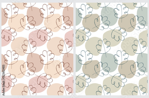 Fototapeta Naklejka Na Ścianę i Meble -  Simple Floral Seamless Vector Pattern with Abstract Hand Drawn Leaves on a Green, Brown, Pink and Beige Dotted Background. Geometric Repeatable Print ideal for Fabric, Textile. 