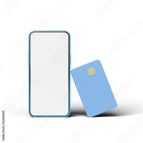 Credit card leaning phone on blue background. Mobile banking and Online payment service. Saving money wealth and business financial concept. Smartphone money transfer online. 3d render.