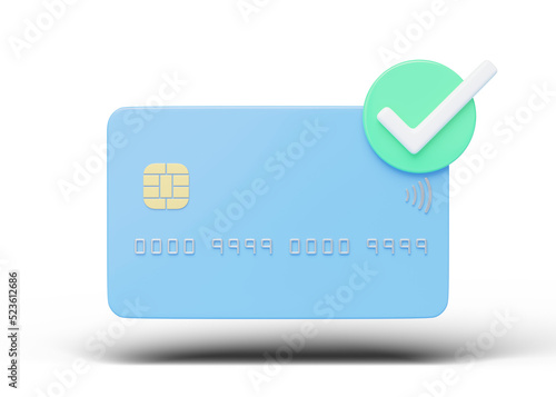 Credit card mockup floating with payment approved isolated on blue background. Mobile banking and Online service. Digital marketing, E commerce. Quick and easy shopping, retail concept. 3d render