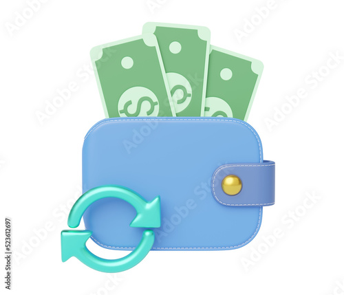 Cash money into wallet, green transfer round arrows icon float on blue background. Mobile banking and Online payment. Cash back and refund. Currency exchange. Saving money wealth concept. 3d rendering photo