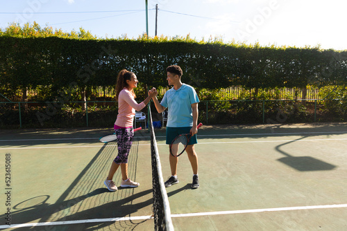 Smiling biracial couple playing tennis shaking hands over the net on sunny outdoor tennis court
