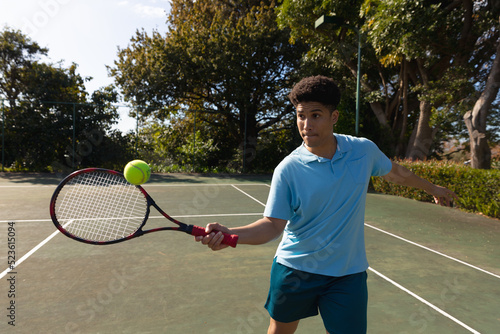 Biracial man playing tennis returning ball over the net on sunny outdoor tennis court © WavebreakMediaMicro