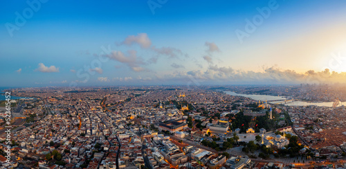 Photography Aerial view of Istanbul city at sunrise in Turkey.