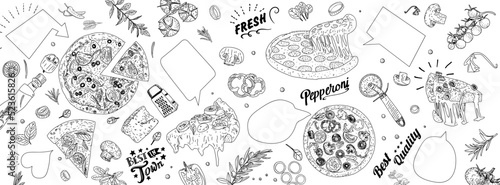 Traditional Italian pizza, vegetables, ingredients on dark background. Pizza menu.Top view. Vector illustration. Engraved design. Space for text.