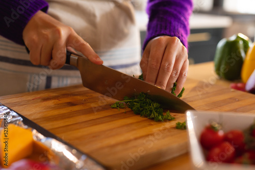 Midsection of caucasian woman standing in kitchen chopping fresh herbs