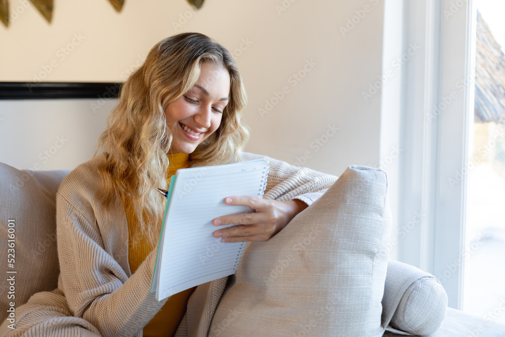 Happy caucasian woman sitting on sofa in living room, taking notes Happy caucasian woman sitting on sofa in living room, taking notes