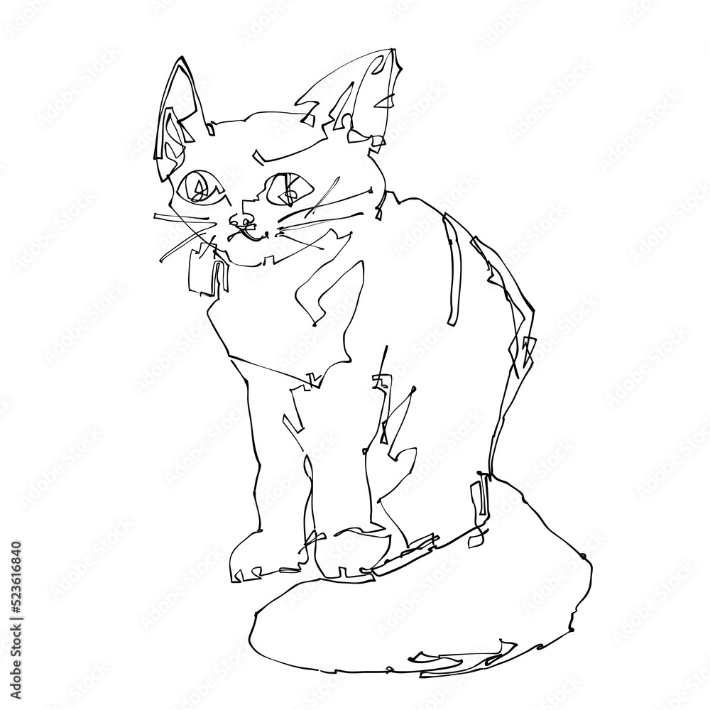Drawing of cat in one-lineart style - contour sketch on white background Drawing of cat in one-lineart style - contour sketch on white background