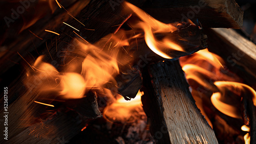 Firewood on fire. Close up