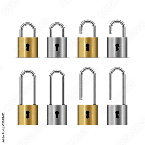 Gold and silver locked and unlocked padlock isolated on white background, vector illustration