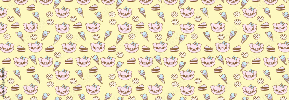 Seamless pattern with pigs and sweets. Illustration of pig candy ice cream cake and cookie. Cute wallpaper for children. Pattern for kids. Japanese style. Seamless pattern with pigs and sweets. Illustration of pig candy ice cream cake and cookie. Cute wallpaper for children. Pattern for kids. Japanese style.