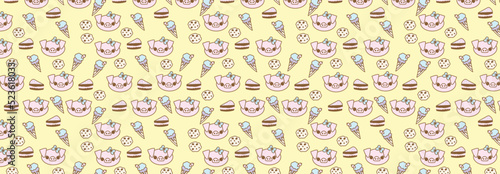 Seamless pattern with pigs and sweets. Illustration of pig candy ice cream cake and cookie. Cute wallpaper for children. Pattern for kids. Japanese style.