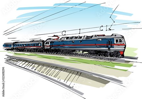 Locomotive carries train cars - hand-drawn sketch