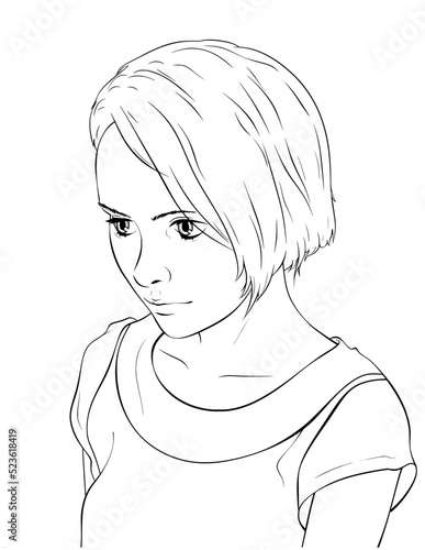 Linear drawing, young beautiful woman looks aside