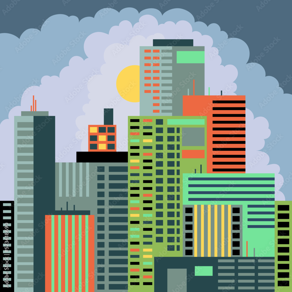 Big city, skyscrapers. A colorful vector illustration of the city landscape in the daytime. Universal poster for design and printing.