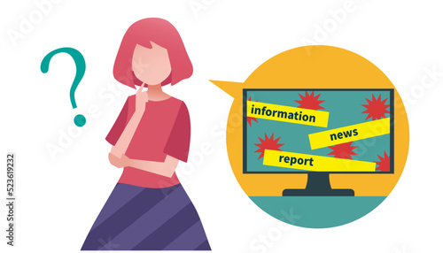 テレビの情報に疑問を感じている女性　人物フラットイラスト