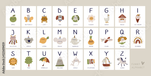 Cute alphabet poster for kids. ABC childish print with cartoon pictures and letters. Funny alphabets for baby education. Milestone print in pastel color
