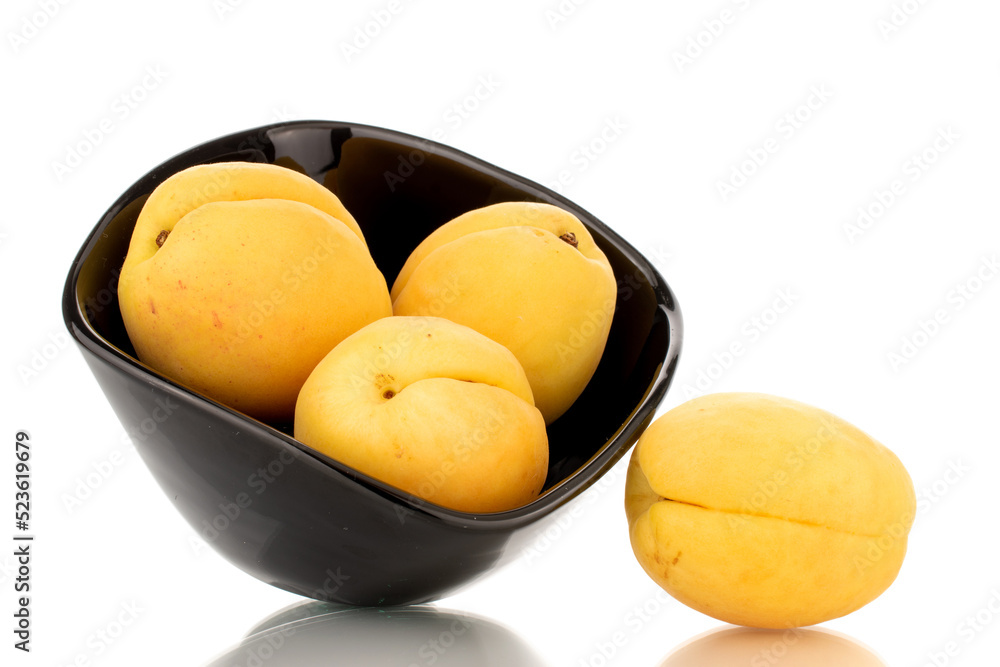 Several bright yellow juicy pineapple apricots in a pottery, macro, isolated on a white background.