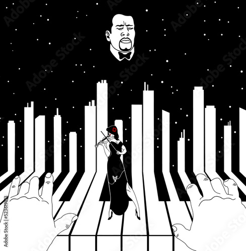 A man plays the piano, and a woman in a concert dress plays the violin. A metaphor. Drawing on a black background.