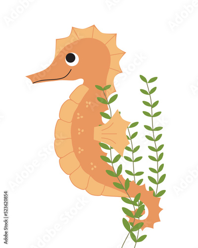 Orange Seahorse in green sea weed