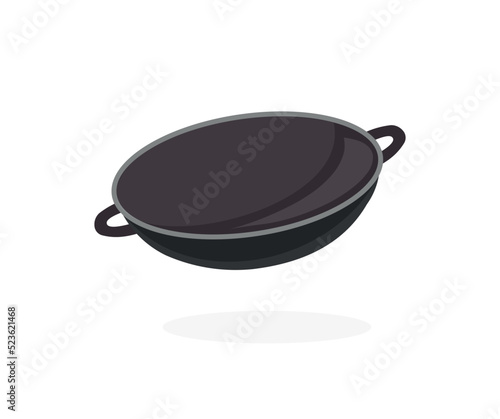 Wok fry pan or chinese cooking pot logo design. Cooking process, Wok pan, plate, box, sticks, lettering, pepper, vegetables vector design and illustration.