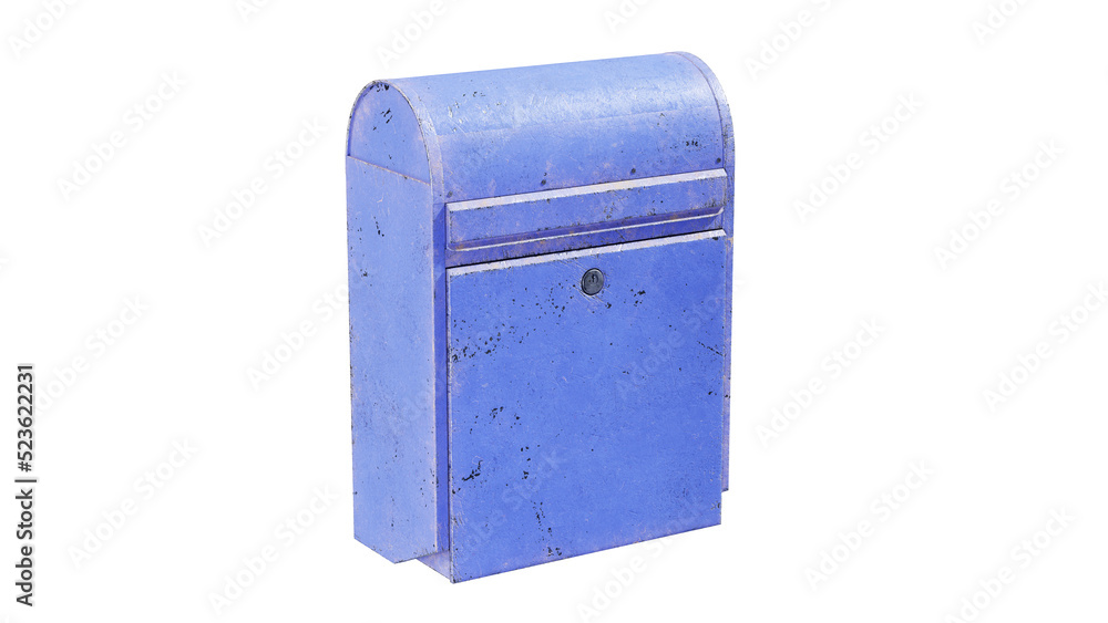Blue mailbox with red flag up isolated 3d render
