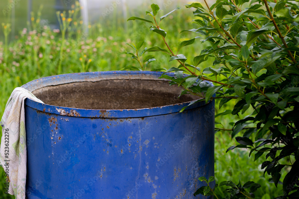 Old blue metal barrel for water standing in garden near bush, horizontal photo on blurred background. Rag hangs on edge of rusty barrel, agriculture and gardening