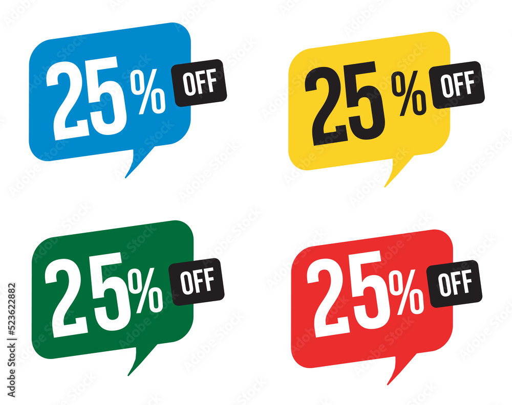 25 percent discount. Blue, yellow, green and red balloons for promotions and offers. Vector Illustration on white background. 25 percent discount. Blue, yellow, green and red balloons for promotions and offers. Vector Illustration on white background.