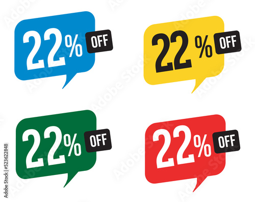 22 percent discount. Blue, yellow, green and red balloons for promotions and offers. Vector Illustration on white background.