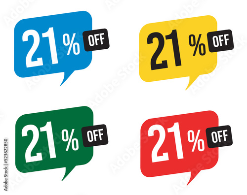 21 percent discount. Blue, yellow, green and red balloons for promotions and offers. Vector Illustration on white background.